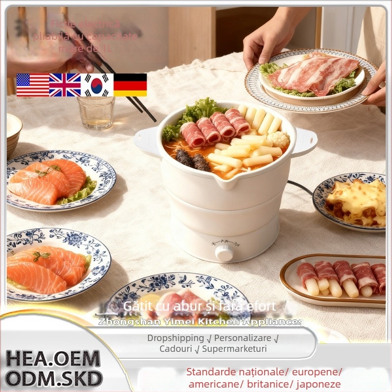 Oală electrică pliabilă, 1–2 L, până la 800 W, vas interior din oțel inoxidabil, reglare temperatură cu protecție la uscare.