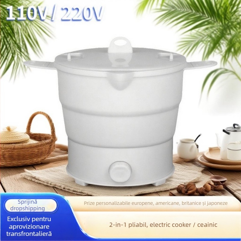 Oală electrică pliabilă, 1–2 L, până la 800 W, vas interior din oțel inoxidabil, reglare temperatură cu protecție la uscare.
