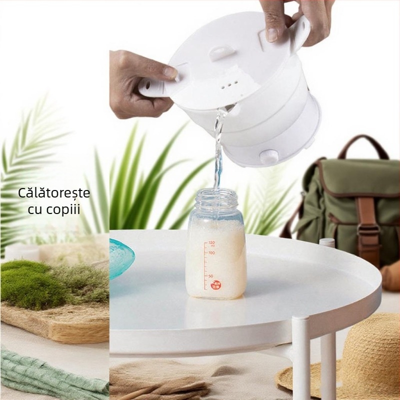 Oală electrică pliabilă, 1–2 L, până la 800 W, vas interior din oțel inoxidabil, reglare temperatură cu protecție la uscare.