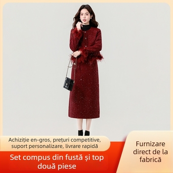 Set din două piese: top cardigan și fustă midi, țesut, amestec poliester-cashmere, mâneci lungi, stil casual japonezo-koreean