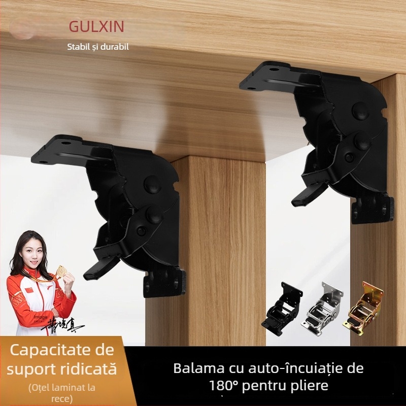 Balama auto-încuietoare 90°/180° pentru mese pliabile și plăci de extensie; material: oțel laminat la rece; finisaj: zinc/nichel/negru bronz; grosime: 2,5 mm