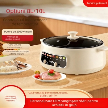 Oală electrică pentru hot pot, vas interior din oțel inoxidabil, capacitate 5–6 L, putere 1000–1200 W, funcții: aburi, sotare, fierbere
