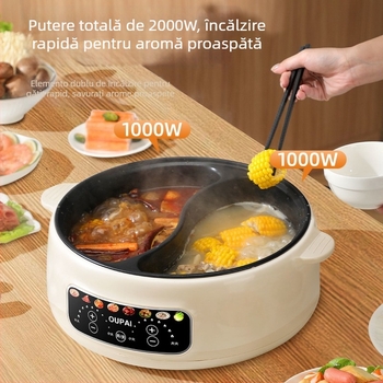 Oală electrică pentru hot pot, vas interior din oțel inoxidabil, capacitate 5–6 L, putere 1000–1200 W, funcții: aburi, sotare, fierbere