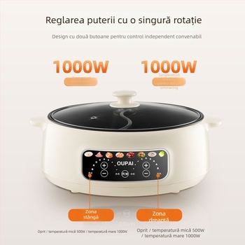 Oală electrică pentru hot pot, vas interior din oțel inoxidabil, capacitate 5–6 L, putere 1000–1200 W, funcții: aburi, sotare, fierbere
