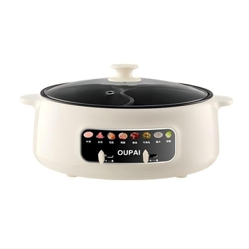 Oală electrică pentru hot pot, vas interior din oțel inoxidabil, capacitate 5–6 L, putere 1000–1200 W, funcții: aburi, sotare, fierbere