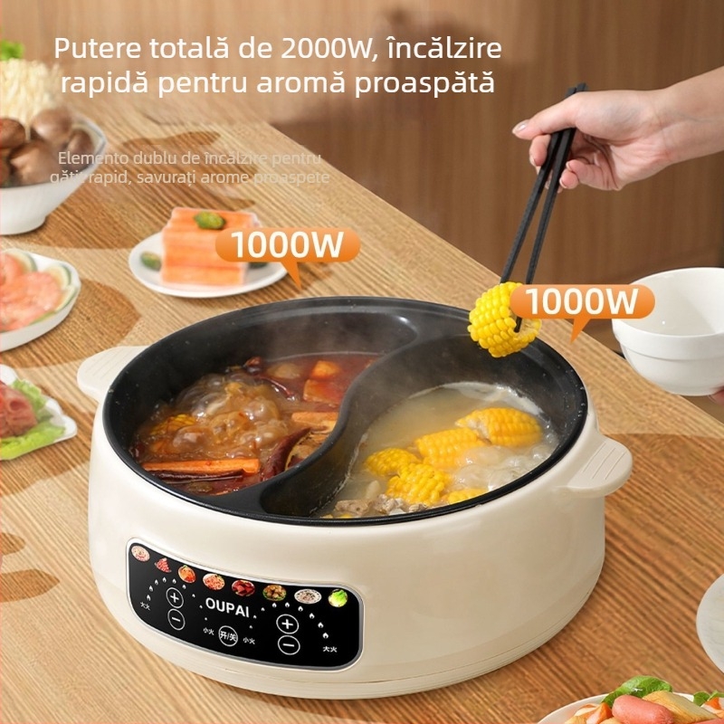 Oală electrică pentru hot pot, vas interior din oțel inoxidabil, capacitate 5–6 L, putere 1000–1200 W, funcții: aburi, sotare, fierbere