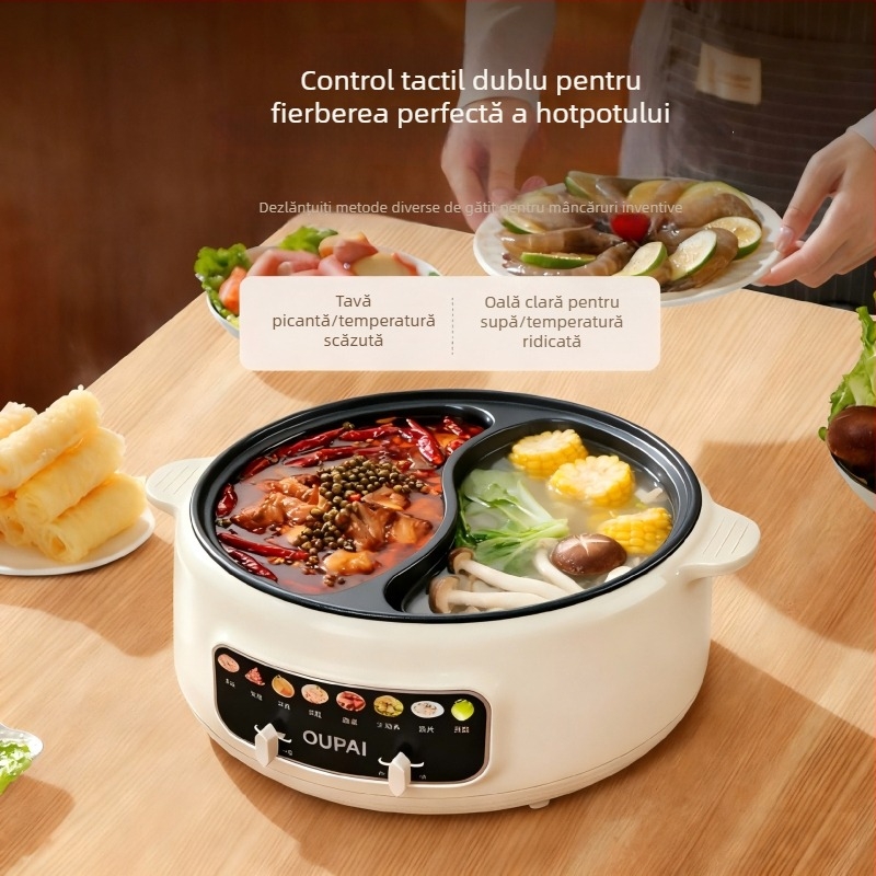 Oală electrică pentru hot pot, vas interior din oțel inoxidabil, capacitate 5–6 L, putere 1000–1200 W, funcții: aburi, sotare, fierbere