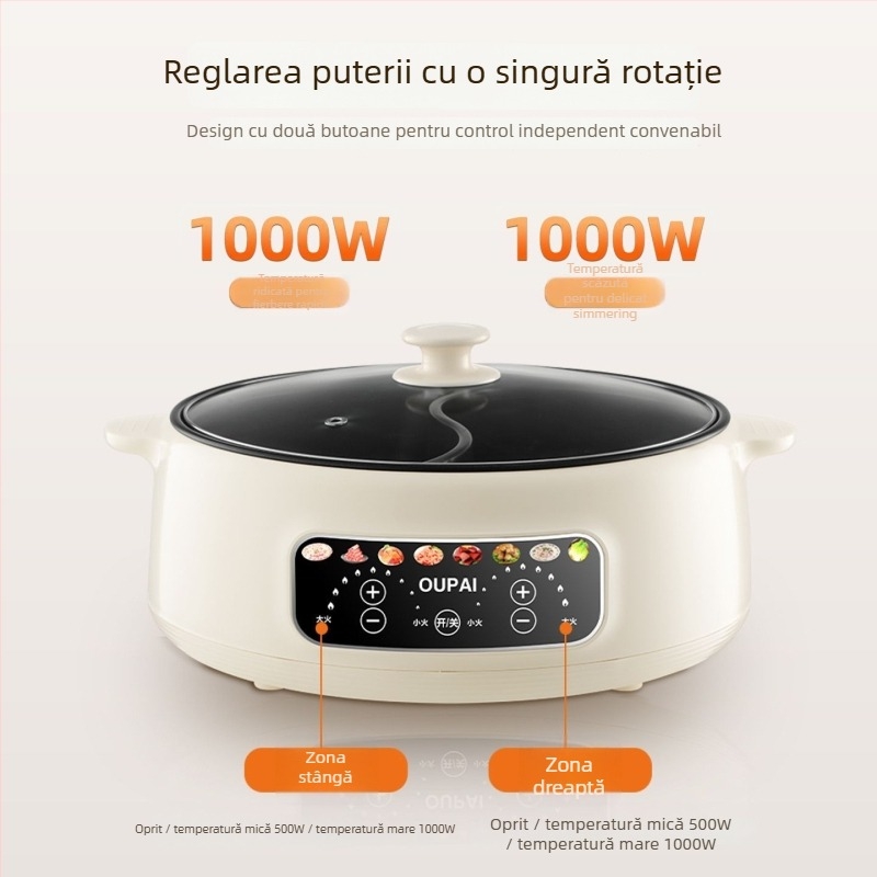 Oală electrică pentru hot pot, vas interior din oțel inoxidabil, capacitate 5–6 L, putere 1000–1200 W, funcții: aburi, sotare, fierbere