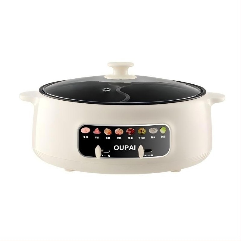 Oală electrică pentru hot pot, vas interior din oțel inoxidabil, capacitate 5–6 L, putere 1000–1200 W, funcții: aburi, sotare, fierbere