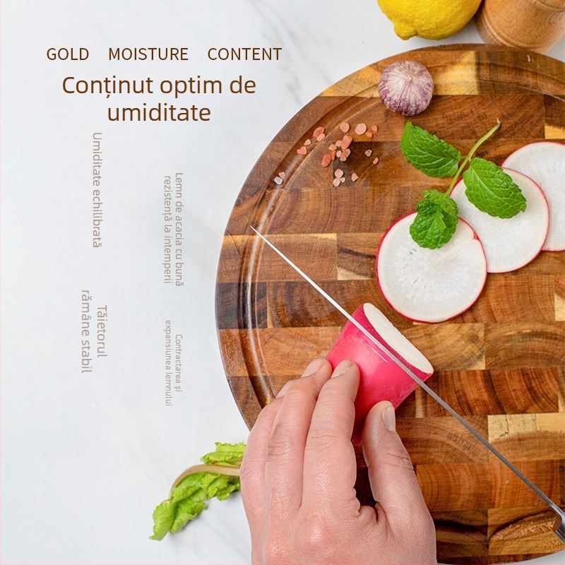 Tocător rotund din lemn de acacia, lemn masiv, gros, cu două fețe, pentru bucătărie, pâine și fructe