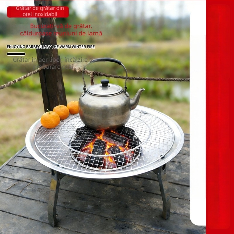 Set din oțel inoxidabil pentru grătar, cu tavă circulară/șemineu portabil și pliabil, pentru interior și exterior, 1,7 kg