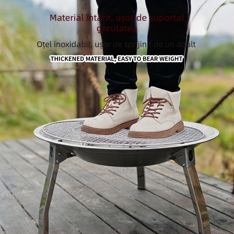 Set din oțel inoxidabil pentru grătar, cu tavă circulară/șemineu portabil și pliabil, pentru interior și exterior, 1,7 kg