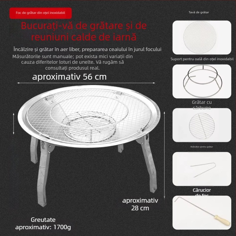 Set din oțel inoxidabil pentru grătar, cu tavă circulară/șemineu portabil și pliabil, pentru interior și exterior, 1,7 kg