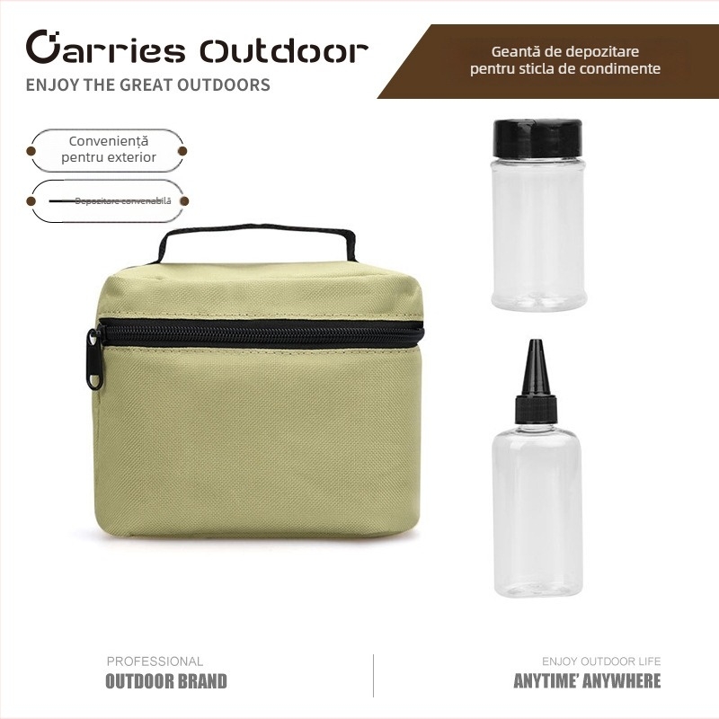 Set de condimente pentru camping cu sticle din plastic și geantă de depozitare din pânză, 6 sticle, portabil pentru 2–3 persoane