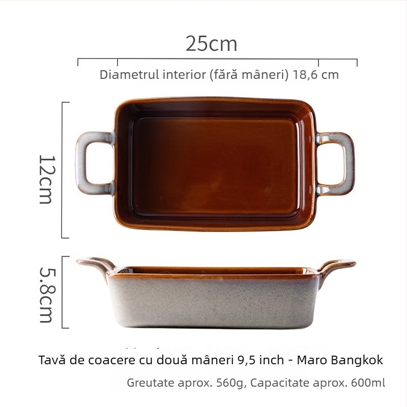 Tavă ceramică de copt cu două urechi, stil retro, formă neregulată, compatibilă cu cuptorul și cu microundele