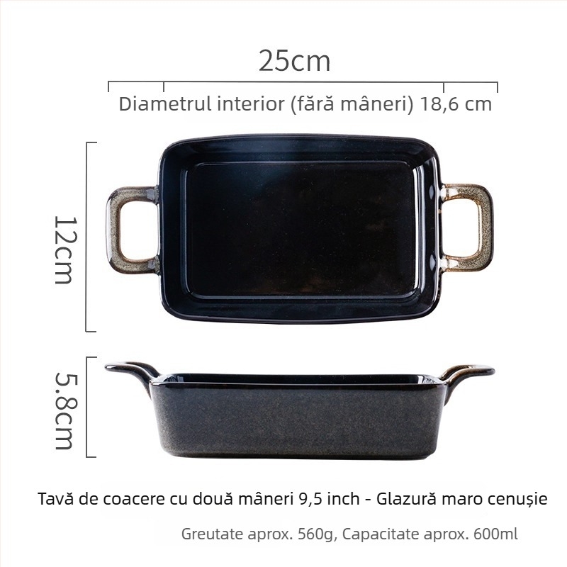 Tavă ceramică de copt cu două urechi, stil retro, formă neregulată, compatibilă cu cuptorul și cu microundele