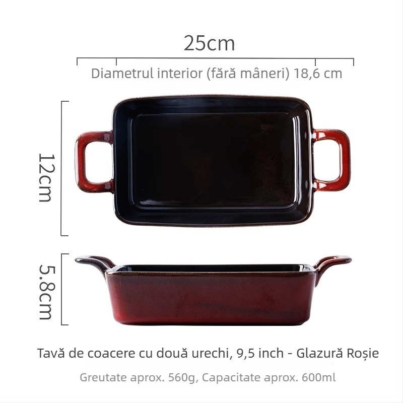 Tavă ceramică de copt cu două urechi, stil retro, formă neregulată, compatibilă cu cuptorul și cu microundele