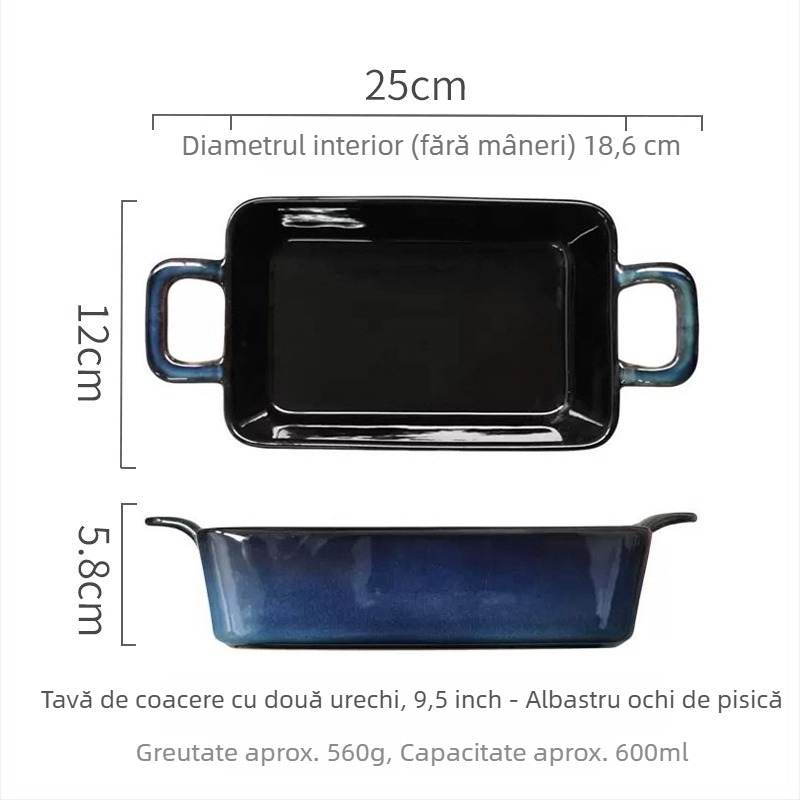 Tavă ceramică de copt cu două urechi, stil retro, formă neregulată, compatibilă cu cuptorul și cu microundele
