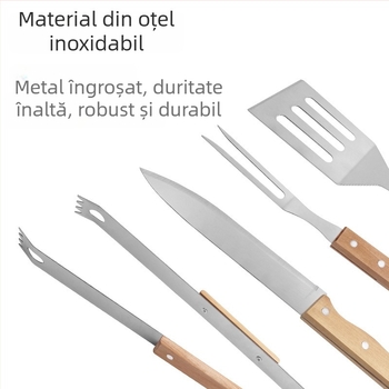 Set de unelte pentru grătar în aer liber cu lame din oțel inoxidabil și mânere din lemn - cuțit, furculiță, clește, spatulă