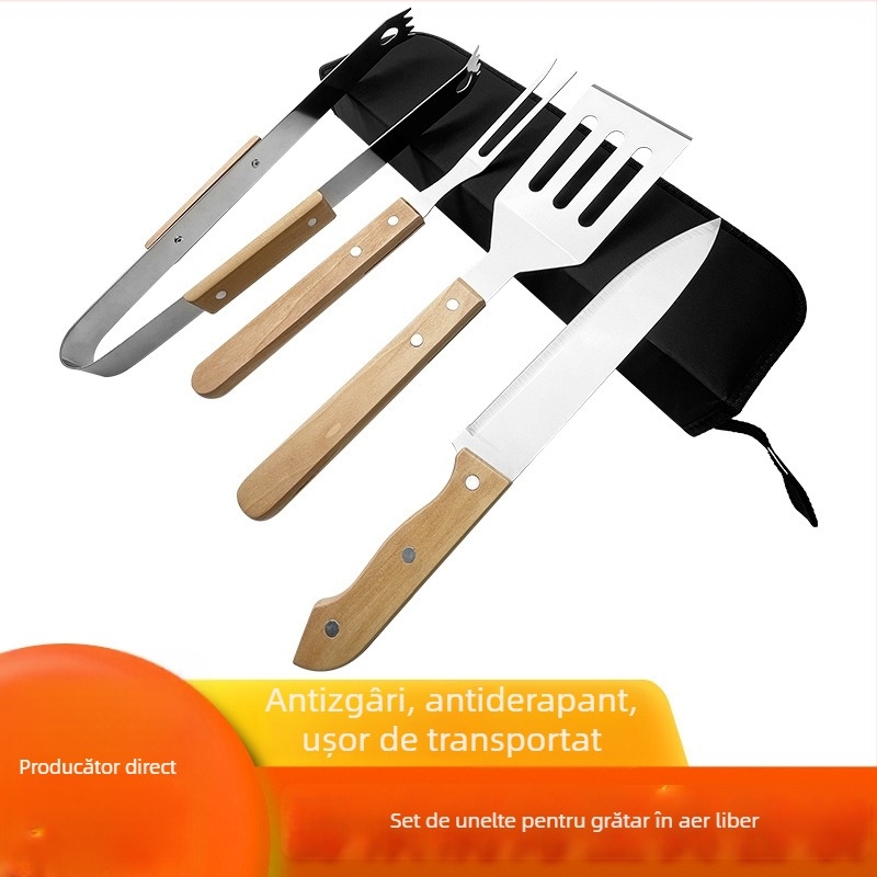Set de unelte pentru grătar în aer liber cu lame din oțel inoxidabil și mânere din lemn - cuțit, furculiță, clește, spatulă