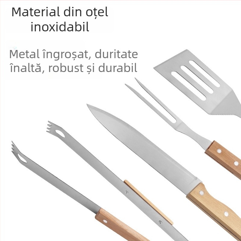 Set de unelte pentru grătar în aer liber cu lame din oțel inoxidabil și mânere din lemn - cuțit, furculiță, clește, spatulă