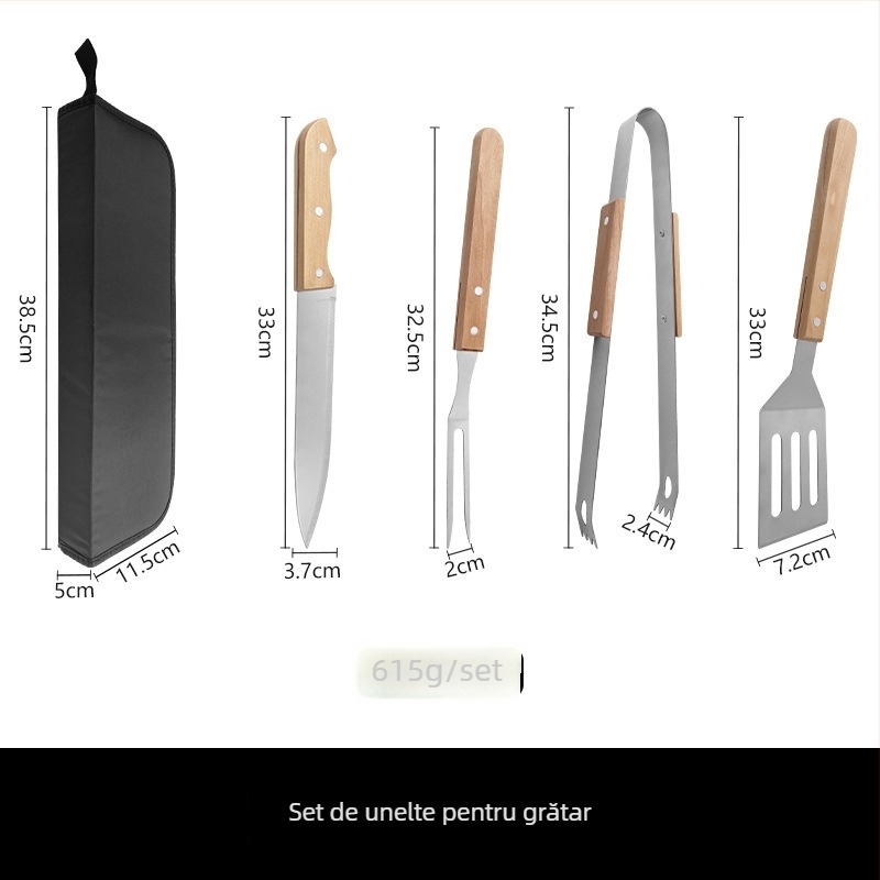 Set de unelte pentru grătar în aer liber cu lame din oțel inoxidabil și mânere din lemn - cuțit, furculiță, clește, spatulă