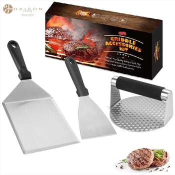 Set de 3 piese din oțel inoxidabil pentru Teppanyaki, cu spatulă și presă pentru carne