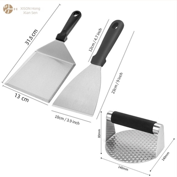 Set de 3 piese din oțel inoxidabil pentru Teppanyaki, cu spatulă și presă pentru carne