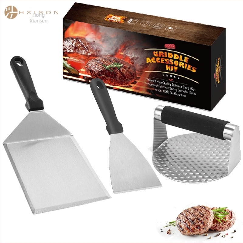 Set de 3 piese din oțel inoxidabil pentru Teppanyaki, cu spatulă și presă pentru carne