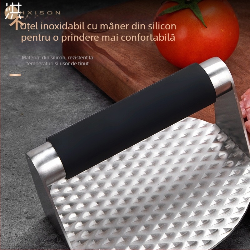 Set de 3 piese din oțel inoxidabil pentru Teppanyaki, cu spatulă și presă pentru carne