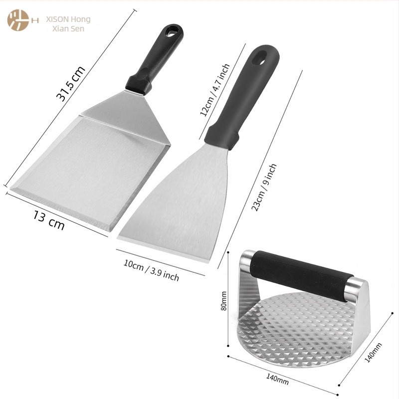 Set de 3 piese din oțel inoxidabil pentru Teppanyaki, cu spatulă și presă pentru carne