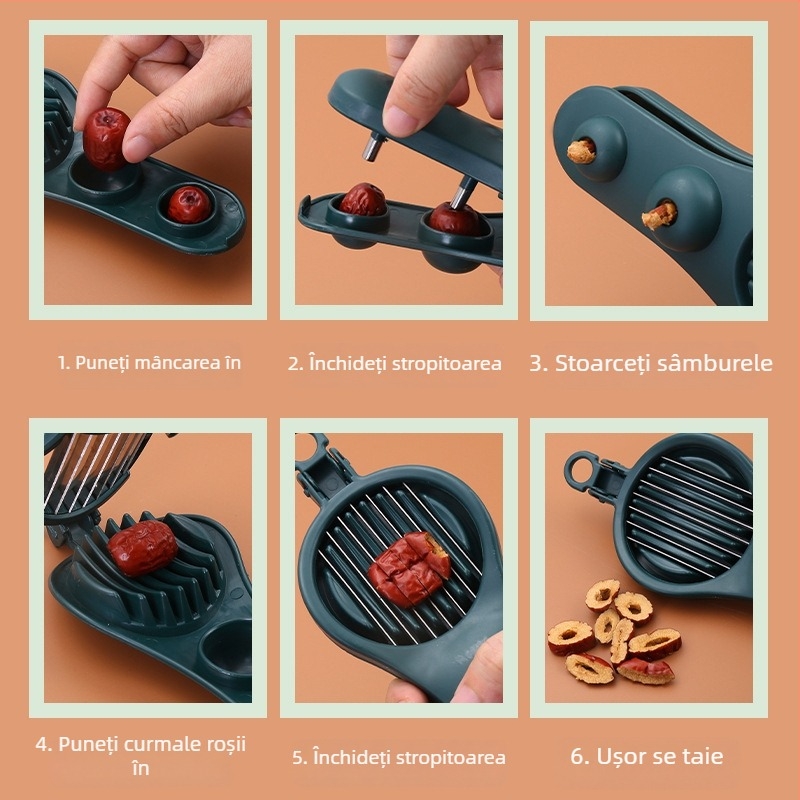 Dispozitiv cu două funcții pentru coring și feliere fructe – oțel inoxidabil + PP, categorie divizor de fructe, lansat în 2022