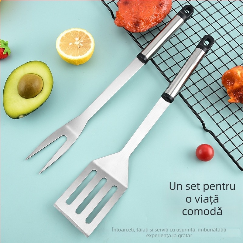 Set de unelte pentru grătar din oțel inox 410, 3 piese (clemă, furculiță și spatulă) — Modelul 02, 50 bucăți pe cutie