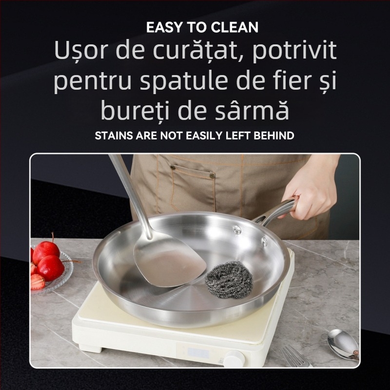 Tigaie din oțel inoxidabil pentru prăjit, cu capac din sticlă, neacoperită, compatibilă cu plite cu inducție și gaz, bază din oțel inoxidabil 410