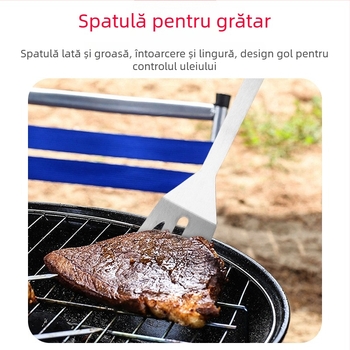 Set de unelte BBQ din oțel inoxidabil, 4 piese: clemă, perie, furculiță și lopată; portabil pentru exterior