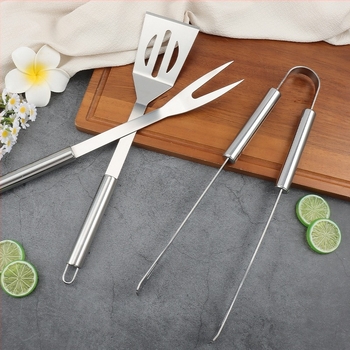 Set de unelte BBQ din oțel inoxidabil, 4 piese: clemă, perie, furculiță și lopată; portabil pentru exterior