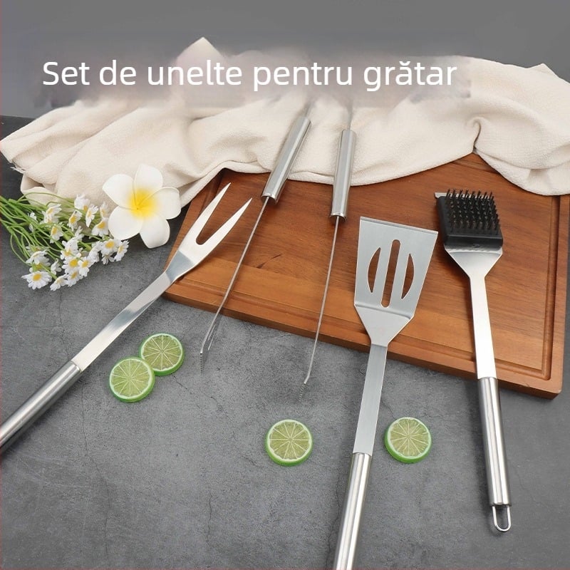 Set de unelte BBQ din oțel inoxidabil, 4 piese: clemă, perie, furculiță și lopată; portabil pentru exterior