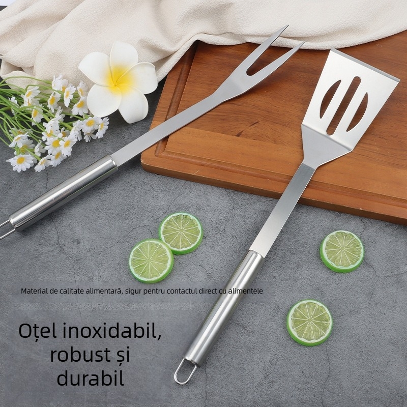 Set de unelte BBQ din oțel inoxidabil, 4 piese: clemă, perie, furculiță și lopată; portabil pentru exterior