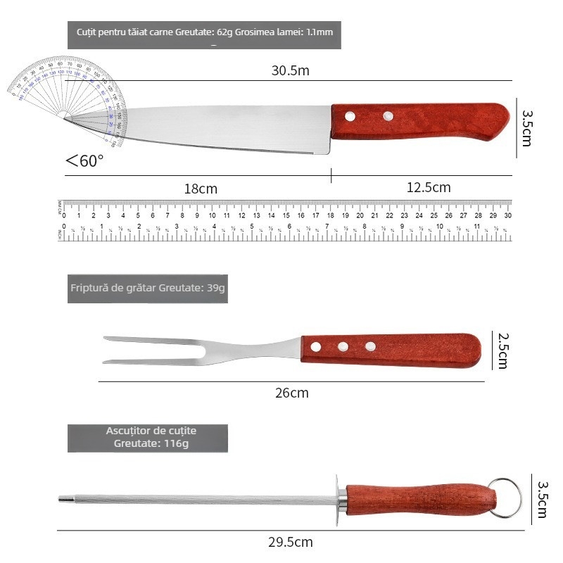 Set de 3 unelte pentru grătar cu mâner din lemn: furculiță, cuțit și tijă de ascuțit din oțel inoxidabil