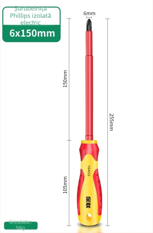 Șurubelniță izolantă cu vârfuri Phillips, plat și Pozidriv — magnet puternic, oțel carbon, pentru electricieni