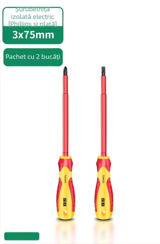 Șurubelniță izolantă cu vârfuri Phillips, plat și Pozidriv — magnet puternic, oțel carbon, pentru electricieni