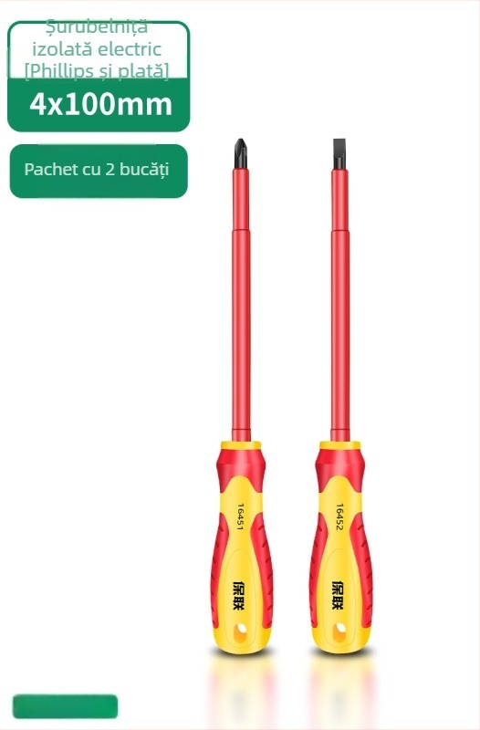 Șurubelniță izolantă cu vârfuri Phillips, plat și Pozidriv — magnet puternic, oțel carbon, pentru electricieni