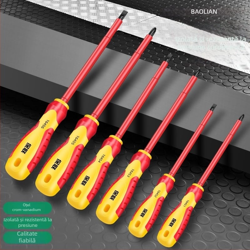 Șurubelniță izolantă cu vârfuri Phillips, plat și Pozidriv — magnet puternic, oțel carbon, pentru electricieni