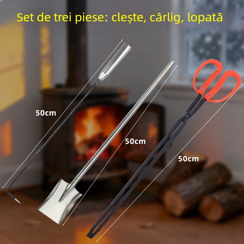Set de trei unelte pentru foc pentru uz casnic: cârlig pentru foc, lopată pentru cărbune, clește pentru foc – rezistente la temperaturi înalte