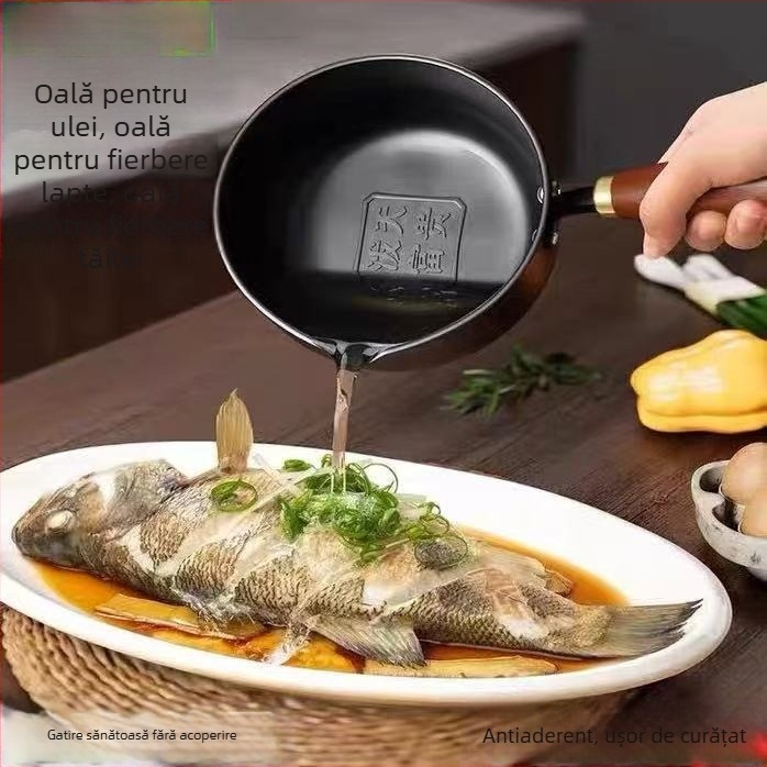 Recipient mic pentru ulei din fier fin, model PTFG-01, adâncime 7 cm, fund cu un singur strat, fără capac