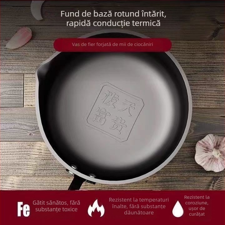 Recipient mic pentru ulei din fier fin, model PTFG-01, adâncime 7 cm, fund cu un singur strat, fără capac