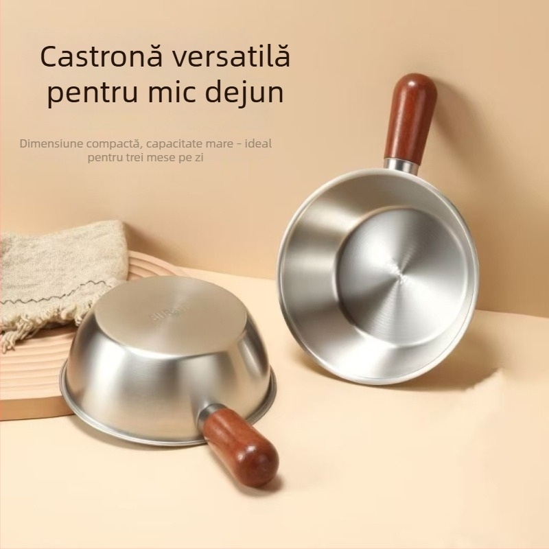Oală din oțel inoxidabil cu mâner din lemn de nuc, fără capac, fund simplu, potrivită pentru aragazuri generale