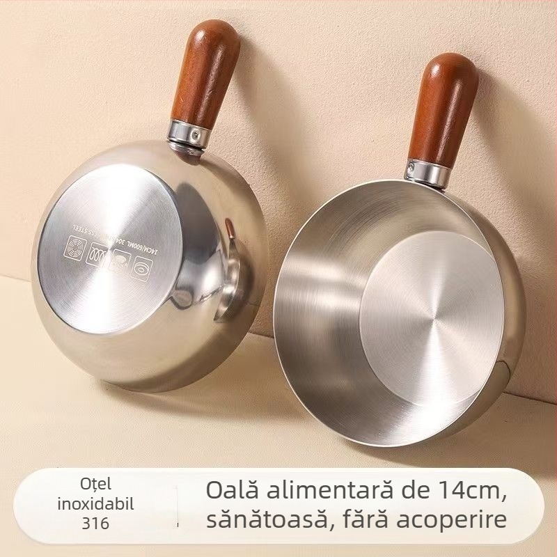 Oală din oțel inoxidabil cu mâner din lemn de nuc, fără capac, fund simplu, potrivită pentru aragazuri generale