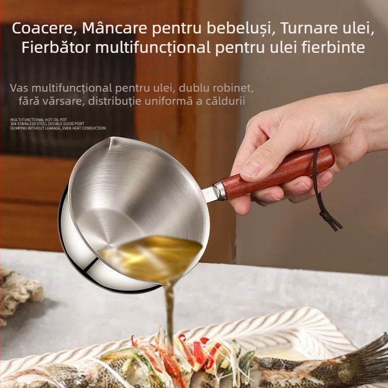 Oală mică pentru ulei fierbinte din oțel inoxidabil 316, antiaderent, cu fund plat unic, fără capac, compatibilă cu toate plitele