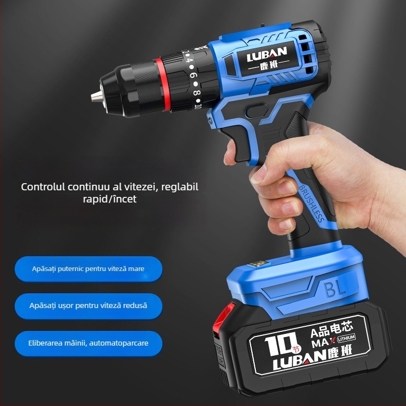 Ciocan cu șurubelniță fără fir Luban, fără perii, cu impact, mini, două viteze, mâner tip pistol, mandrină cu trei dinți, baterie litiu reîncărcabilă